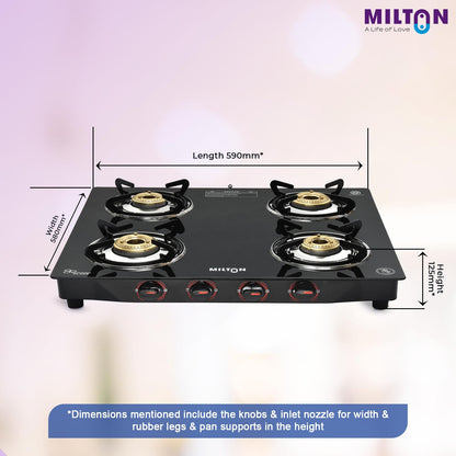 Milton 4 Burner Manual Ignition Gas Stove with 6mm Toughened Glass Top, Premium Brass Burners, Heavy Pan Supports & LPG to PNG Compatibility RED, BLUE, BLACK 2Yr Warranty