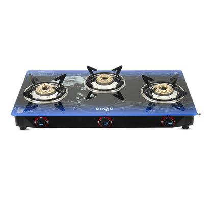 Milton 3 Burner Manual Ignition Gas Stove with 6mm Toughened Red Glass Top, Premium Brass Burners, Heavy Pan Supports & LPG to PNG Compatibility 2Yr Warranty