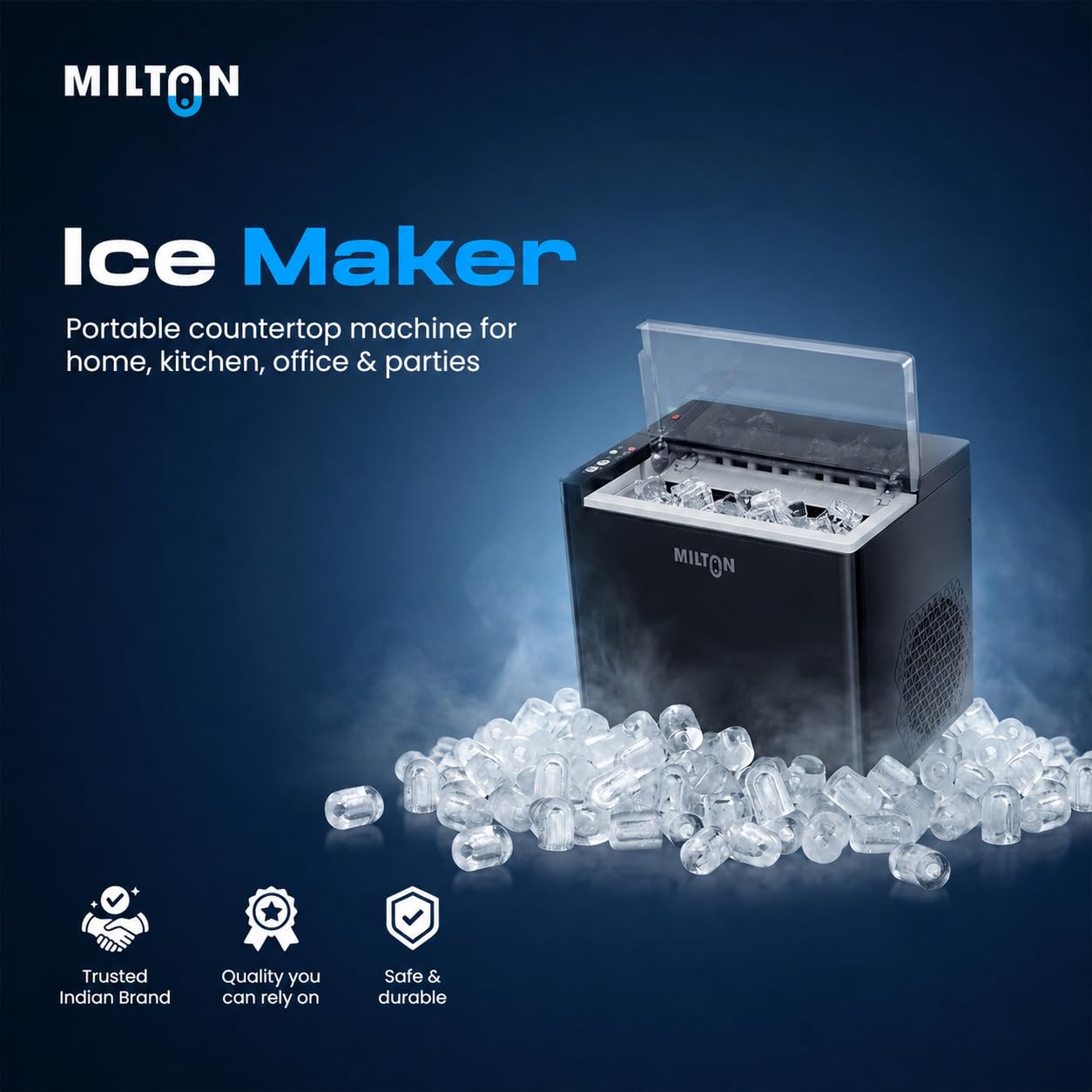Milton Ice Maker Machine 1.5L 9 Bullet Ice Cubes in 6–8 Mins 12Kg/24Hrs 2 Size ice cubes Portable Countertop Ice Maker 2Yr warranty