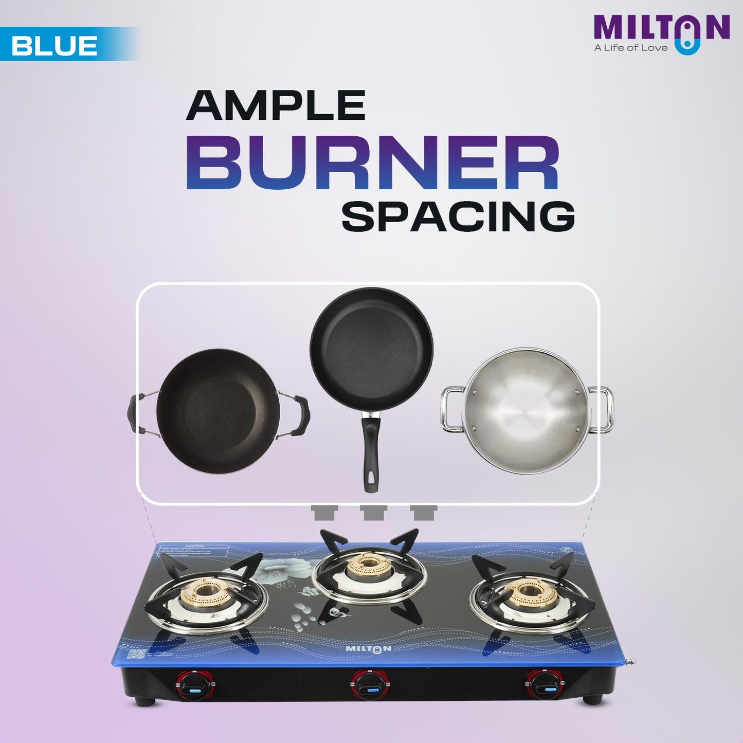 Milton 3 Burner Manual Ignition Gas Stove with 6mm Toughened Red Glass Top, Premium Brass Burners, Heavy Pan Supports & LPG to PNG Compatibility 2Yr Warranty