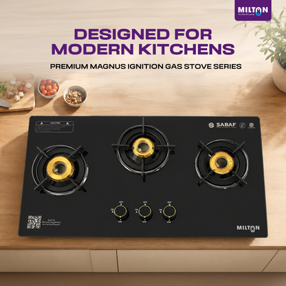 Milton Magnus 3 Burner Auto Gas Stove Hobtop Italian SABAF Valves | 8mm Toughened Glass Top | 360° Nozzle | ISI Certified | 5 Years Glass Warranty