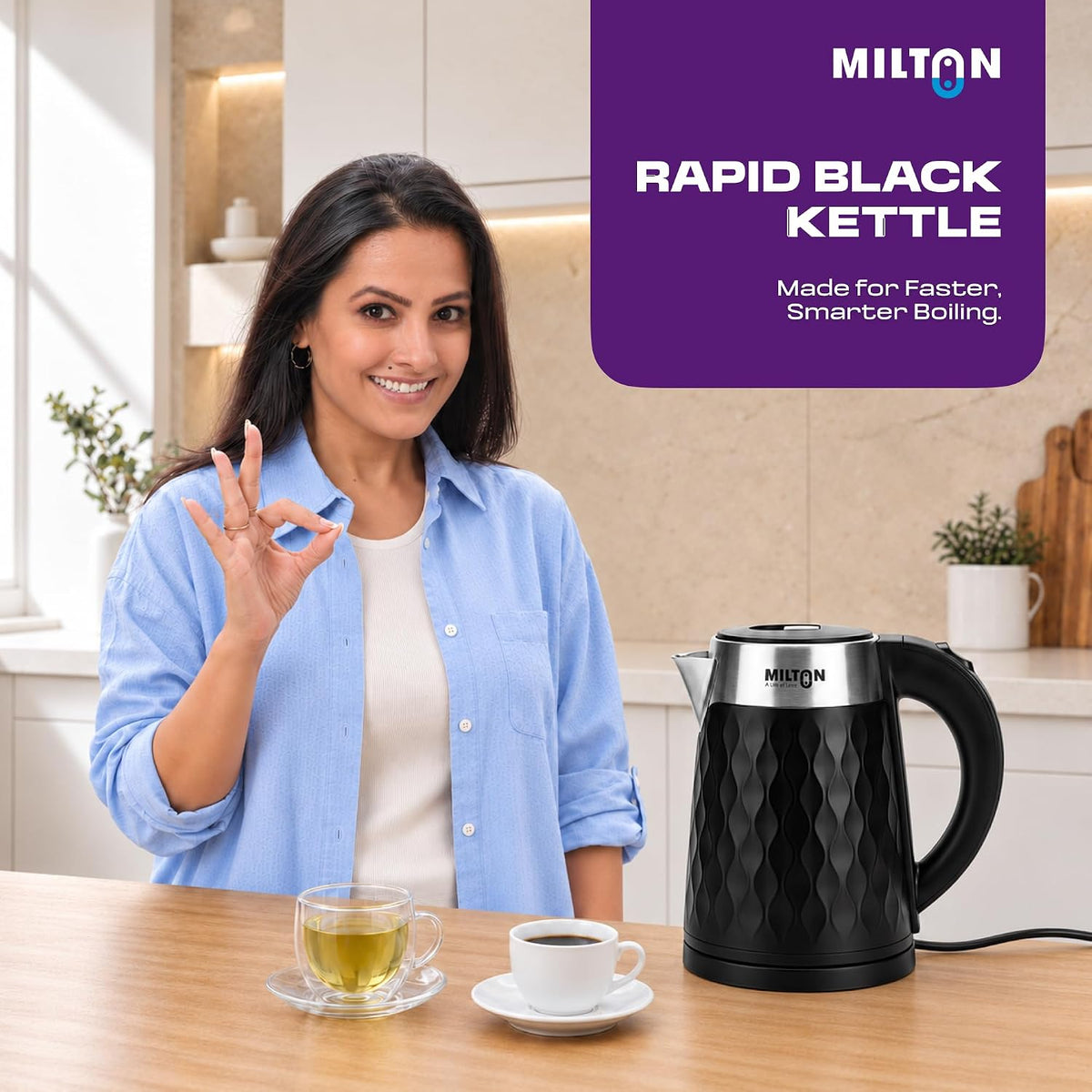 Milton Rapid Electric Cool-Touch Kettle 1.5L | Hot Water portable Electric Kettle for Home, Office | Auto Shut-Off with Wide Mouth | 1350 Watts | Black