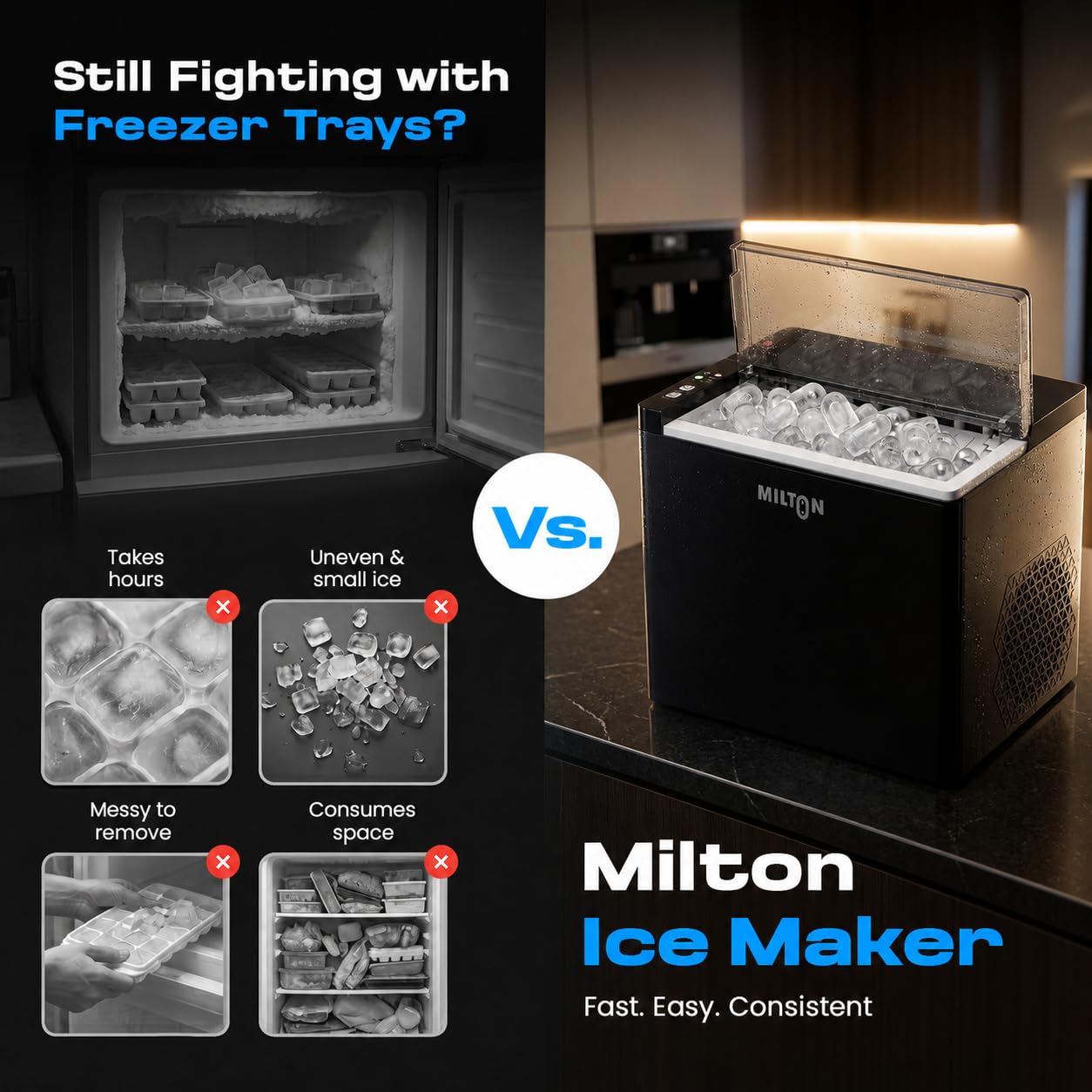 Milton Ice Maker Machine 1.5L 9 Bullet Ice Cubes in 6–8 Mins 12Kg/24Hrs 2 Size ice cubes Portable Countertop Ice Maker 2Yr warranty