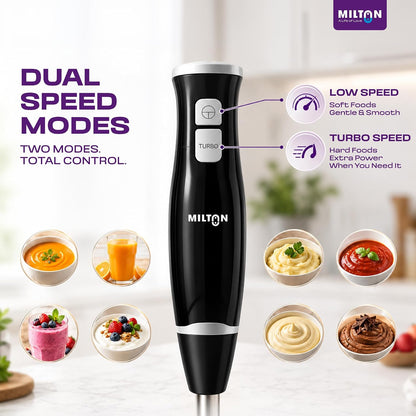 Milton Turbo 350W Hand Blender | 2-Speed Electric Mixer with Stainless Steel Blades | Portable, Lightweight & Easy-Clean for Smoothies, Juices