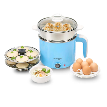 Milton Electric Kettle Multipurpose 1.2L | 600W Multi Cooker Kessel | 4-in-1 with Idli Stand (2 Plates), Steamer With Stainless Steel Stand, Egg Boiler | 2 Year Warranty