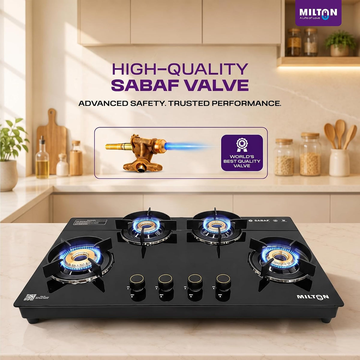 Milton Magnus 4 Burner Gas Stove Hobtop | Manual Ignition Italian SABAF Valves | 8mm Toughened Glass Top | 360° Nozzle | ISI Certified | 5 Years Glass Warranty