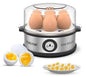 Milton Smart Instant Egg Boiler with stainless steel body, clear lid, and capacity to boil 7 eggs at once with options for soft, medium, and hard boiling modes