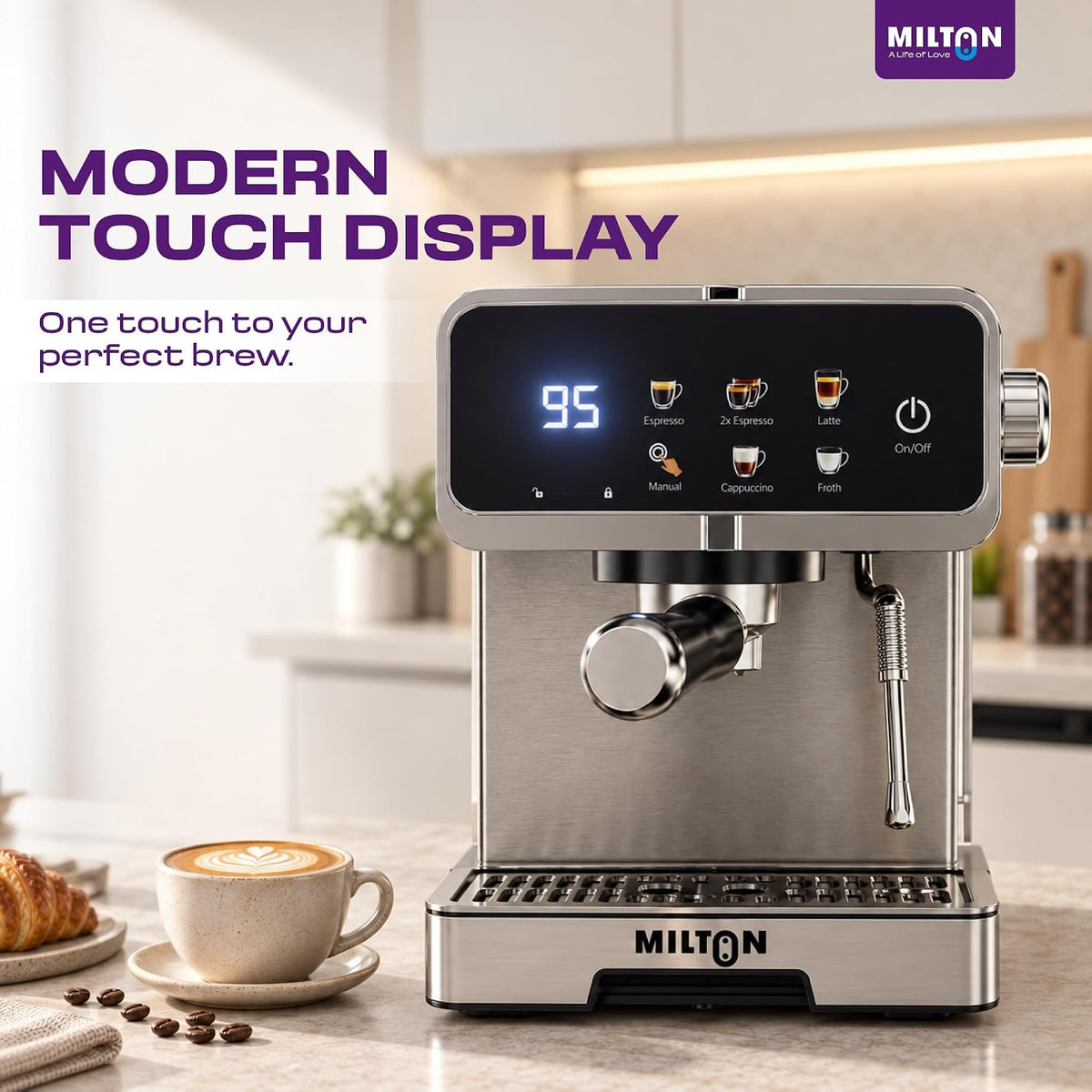 MILTON Crema Plus Espresso Coffee Maker | 20 Bar, 1350W, 1.6L, Touch Display & Steam Wand