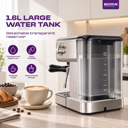 MILTON Crema Plus Espresso Coffee Maker | 20 Bar, 1350W, 1.6L, Touch Display & Steam Wand