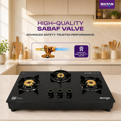 Milton Magnus 3 Burner Maunal Gas Stove Hobtop Italian SABAF Valves | 8mm Toughened Glass Top | 360° Nozzle | ISI Certified | 5 Years Glass Warranty