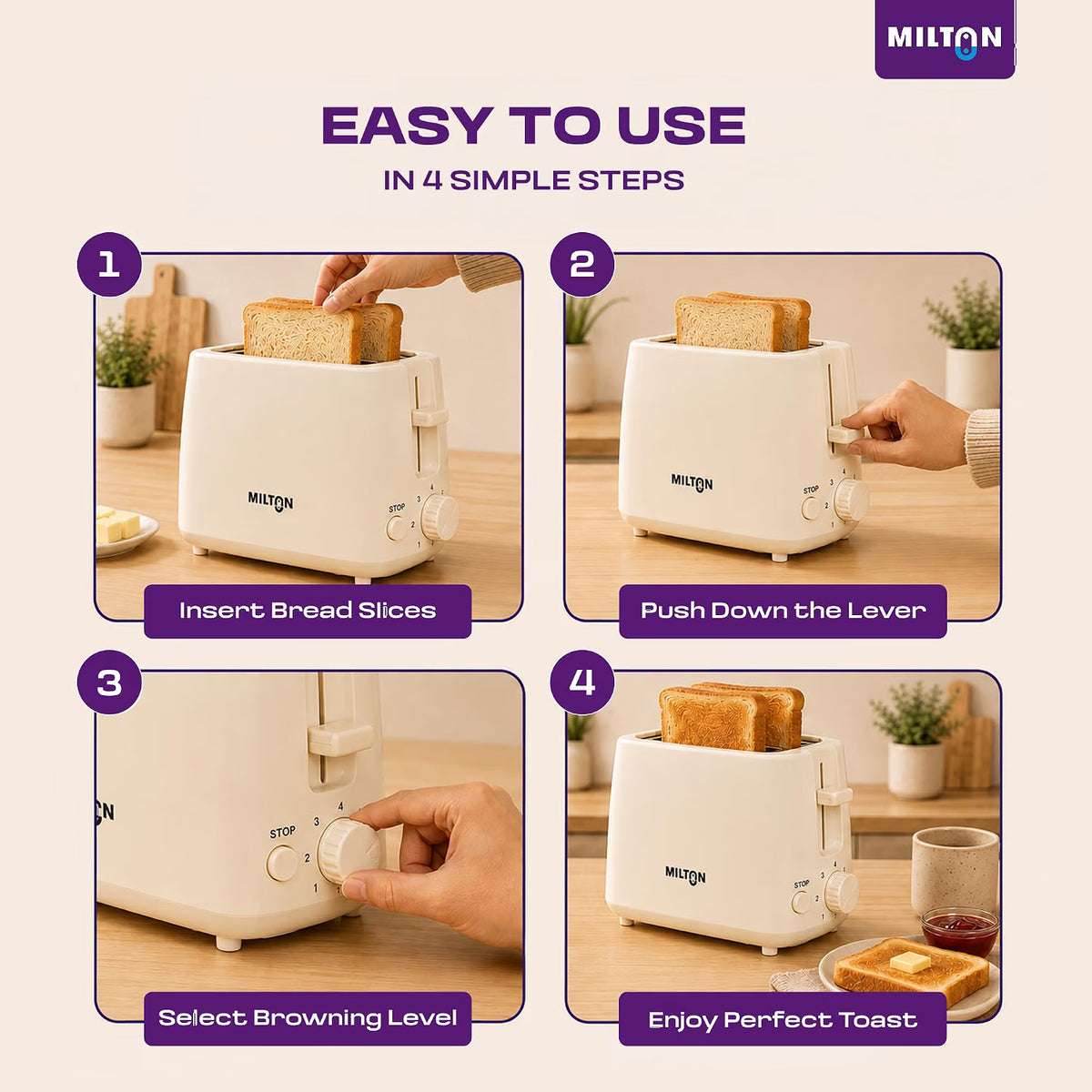 Milton Bread Toaster 2 Slice Auto Pop Up | 7 Level Heating Modes 750 Watts| Auto Shut Off | Removable Crumb Tray | Matt White | 2 Yr Warranty