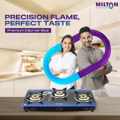 Milton 3 Burner Manual Ignition Gas Stove with 6mm Toughened Red Glass Top, Premium Brass Burners, Heavy Pan Supports & LPG to PNG Compatibility 2Yr Warranty