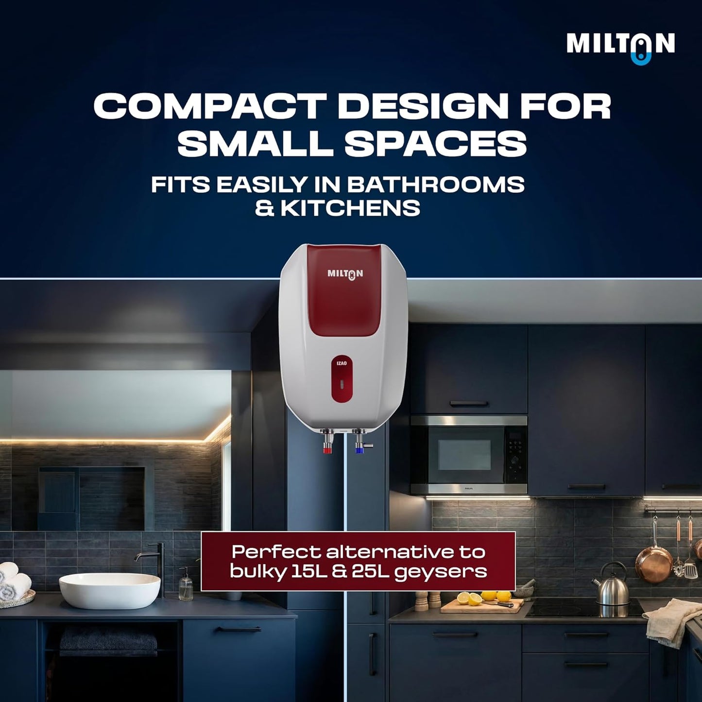 Milton 5 Litre Instant Water Geyser | Powerful 3000W Electric Geyser for Bathroom & Kitchen | Advanced Safety | Compact Geyser SS304 Tank | 2 Year Product Warranty & 5 Year Tank Warranty | Red