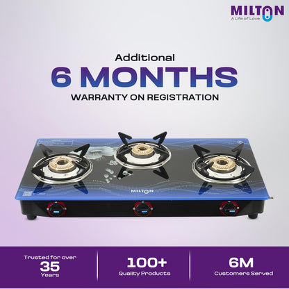 Milton 3 Burner Manual Ignition Gas Stove with 6mm Toughened Red Glass Top, Premium Brass Burners, Heavy Pan Supports & LPG to PNG Compatibility 2Yr Warranty
