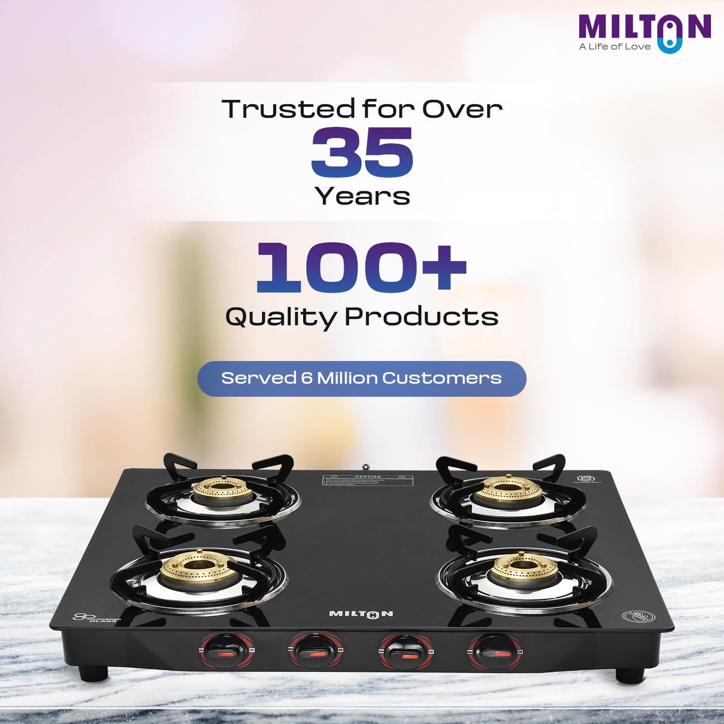 Milton 4 Burner Manual Ignition Gas Stove with 6mm Toughened Glass Top, Premium Brass Burners, Heavy Pan Supports & LPG to PNG Compatibility RED, BLUE, BLACK 2Yr Warranty
