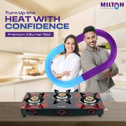 Milton 3 Burner Manual Ignition Gas Stove with 6mm Toughened Red Glass Top, Premium Brass Burners, Heavy Pan Supports & LPG to PNG Compatibility 2Yr Warranty