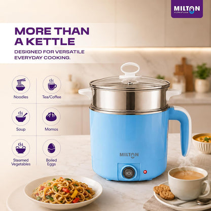 Milton Electric Kettle Multipurpose 1.2L | 600W Multi Cooker Kessel | 4-in-1 with Idli Stand (2 Plates), Steamer With Stainless Steel Stand, Egg Boiler | 2 Year Warranty