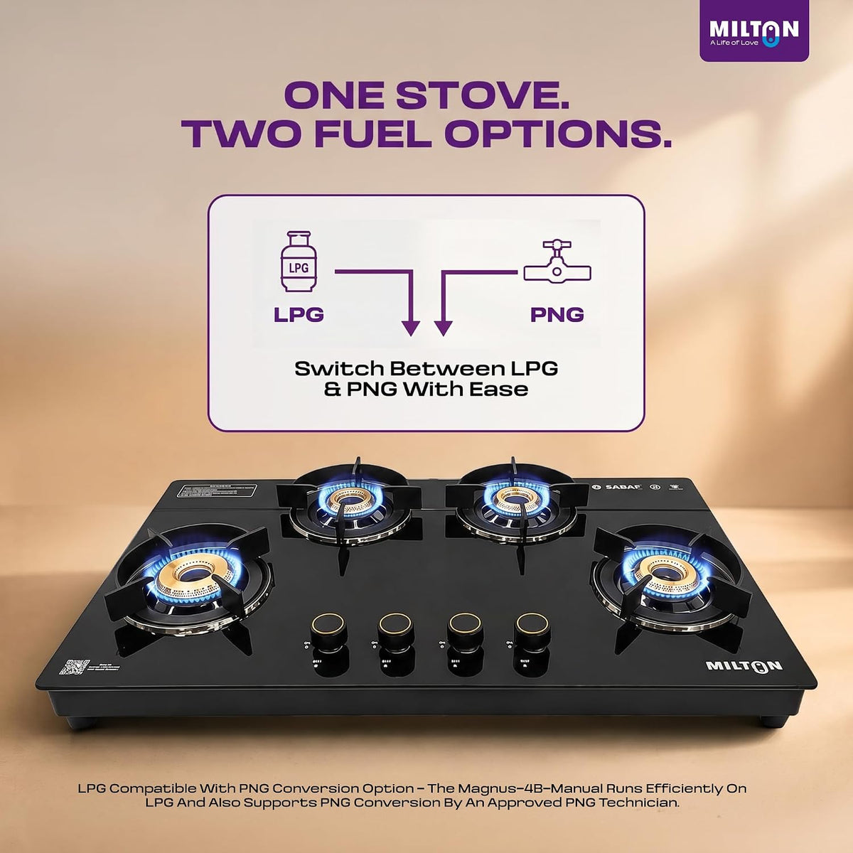 Milton Magnus 4 Burner Gas Stove Hobtop | Manual Ignition Italian SABAF Valves | 8mm Toughened Glass Top | 360° Nozzle | ISI Certified | 5 Years Glass Warranty