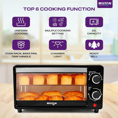 Milton 10L Oven Toaster Griller – Royal Black Finish | 800W | Ideal for Toast, Bake & Grill