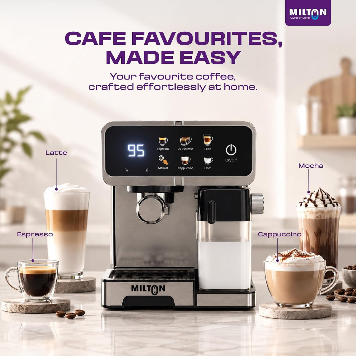 MILTON Crema Elite Espresso Coffee Maker | 20 Bar, Dual Boiler, 900ml Milk Tank & Touch Control