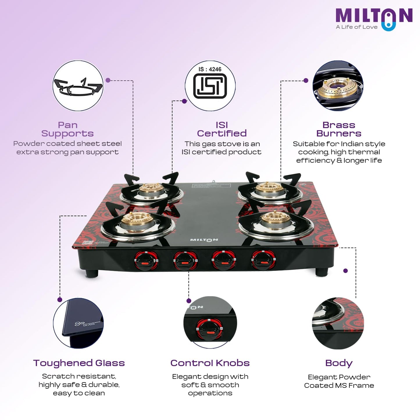Milton 4 Burner Manual Ignition Gas Stove with 6mm Toughened Glass Top, Premium Brass Burners, Heavy Pan Supports & LPG to PNG Compatibility RED, BLUE, BLACK 2Yr Warranty