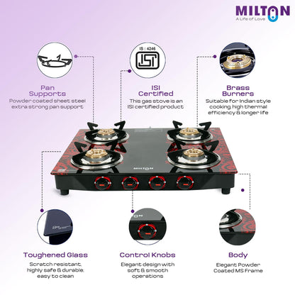Milton 4 Burner Manual Ignition Gas Stove with 6mm Toughened Glass Top, Premium Brass Burners, Heavy Pan Supports & LPG to PNG Compatibility RED, BLUE, BLACK 2Yr Warranty