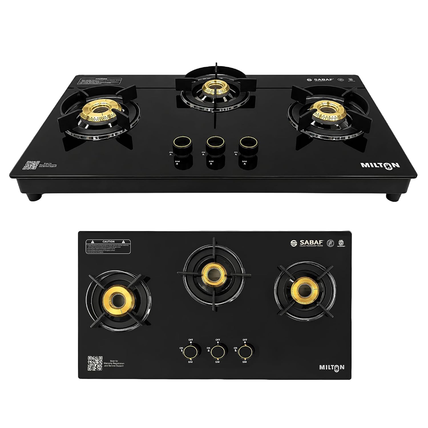 Milton Magnus 3 Burner Maunal Gas Stove Hobtop Italian SABAF Valves | 8mm Toughened Glass Top | 360° Nozzle | ISI Certified | 5 Years Glass Warranty