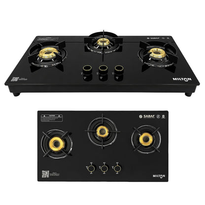 Milton Magnus 3 Burner Maunal Gas Stove Hobtop Italian SABAF Valves | 8mm Toughened Glass Top | 360° Nozzle | ISI Certified | 5 Years Glass Warranty