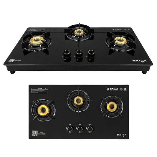 Milton Magnus 3 Burner Maunal Gas Stove Hobtop Italian SABAF Valves | 8mm Toughened Glass Top | 360° Nozzle | ISI Certified | 5 Years Glass Warranty
