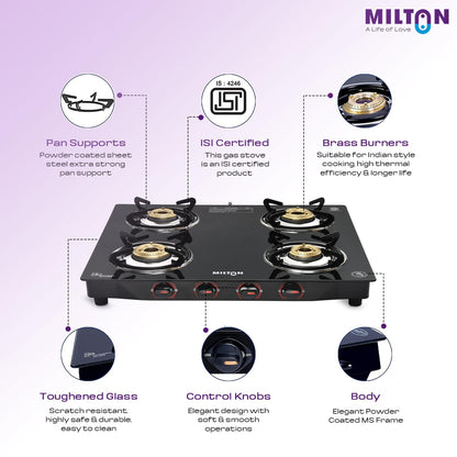 Milton 4 Burner Manual Ignition Gas Stove with 6mm Toughened Glass Top, Premium Brass Burners, Heavy Pan Supports & LPG to PNG Compatibility RED, BLUE, BLACK 2Yr Warranty