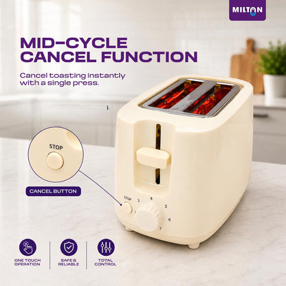 Milton Bread Toaster 2 Slice Auto Pop Up | 7 Level Heating Modes 750 Watts| Auto Shut Off | Removable Crumb Tray | Matt White | 2 Yr Warranty