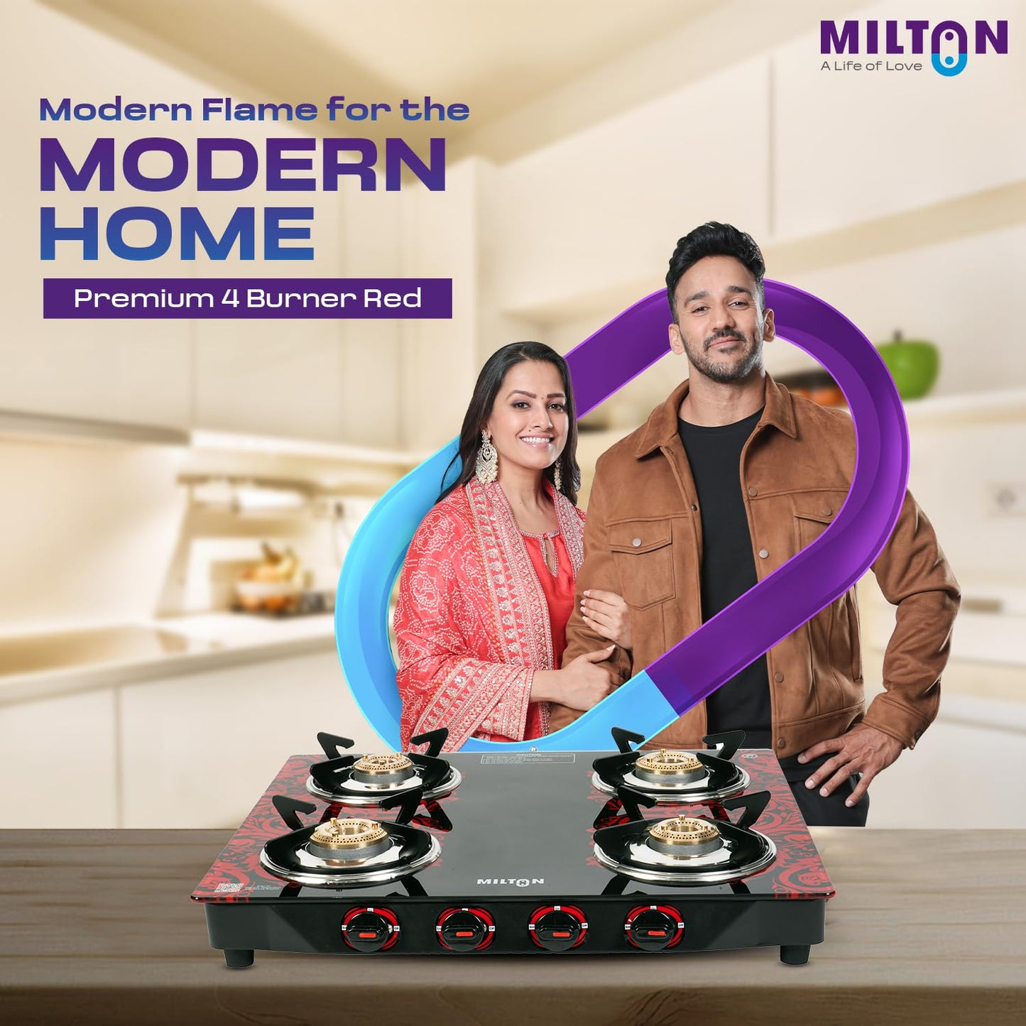 Milton 4 Burner Manual Ignition Gas Stove with 6mm Toughened Glass Top, Premium Brass Burners, Heavy Pan Supports & LPG to PNG Compatibility RED, BLUE, BLACK 2Yr Warranty