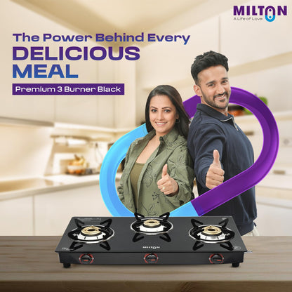 Milton 3 Burner Manual Ignition Gas Stove with 6mm Toughened Red Glass Top, Premium Brass Burners, Heavy Pan Supports & LPG to PNG Compatibility 2Yr Warranty