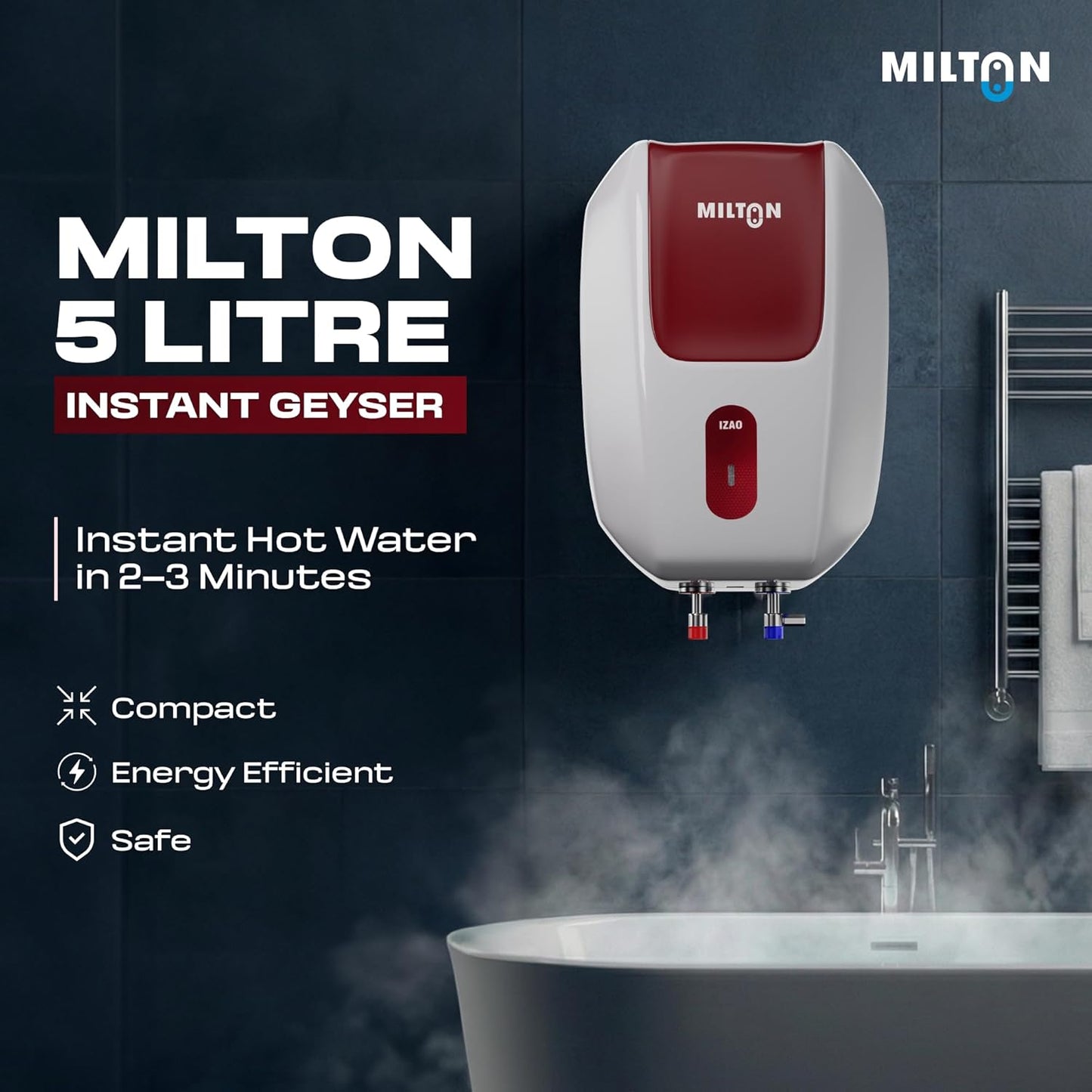 Milton 5 Litre Instant Water Geyser | Powerful 3000W Electric Geyser for Bathroom & Kitchen | Advanced Safety | Compact Geyser SS304 Tank | 2 Year Product Warranty & 5 Year Tank Warranty | Red