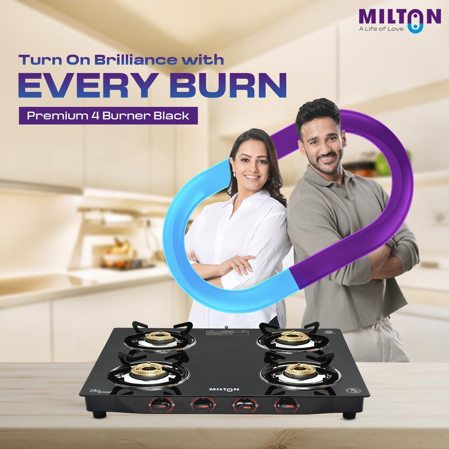 Milton 4 Burner Manual Ignition Gas Stove with 6mm Toughened Glass Top, Premium Brass Burners, Heavy Pan Supports & LPG to PNG Compatibility RED, BLUE, BLACK 2Yr Warranty