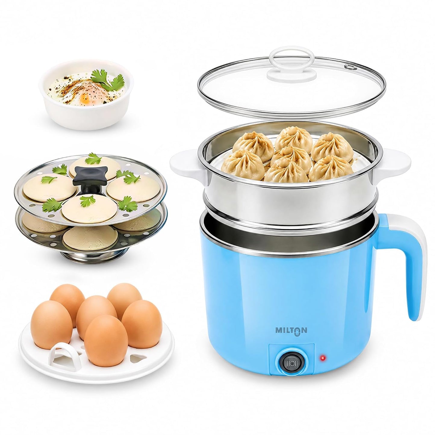 Milton Electric Kettle Multipurpose 1.2L | 600W Multi Cooker Kessel | 4-in-1 with Idli Stand (2 Plates), Steamer With Stainless Steel Stand, Egg Boiler | 2 Year Warranty