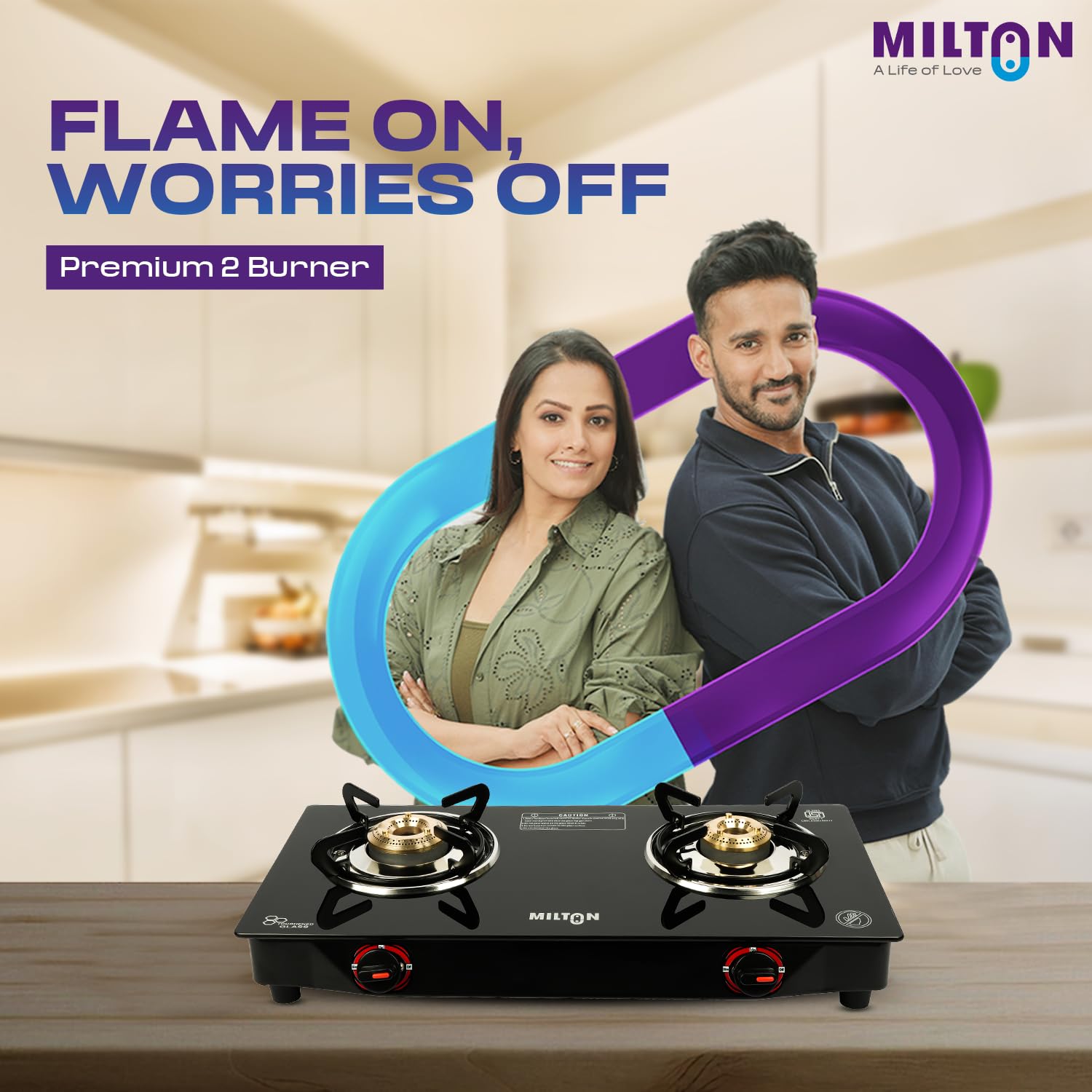 MILTON Premium 2 Burner Black Manual Ignition Toughened Glass Top Gas Stove, Heavy-Duty Brass Burners (ISI Certified) 2 Yr Warranty