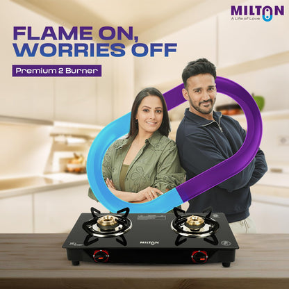 MILTON Premium 2 Burner Black Manual Ignition Toughened Glass Top Gas Stove, Heavy-Duty Brass Burners (ISI Certified) 2 Yr Warranty