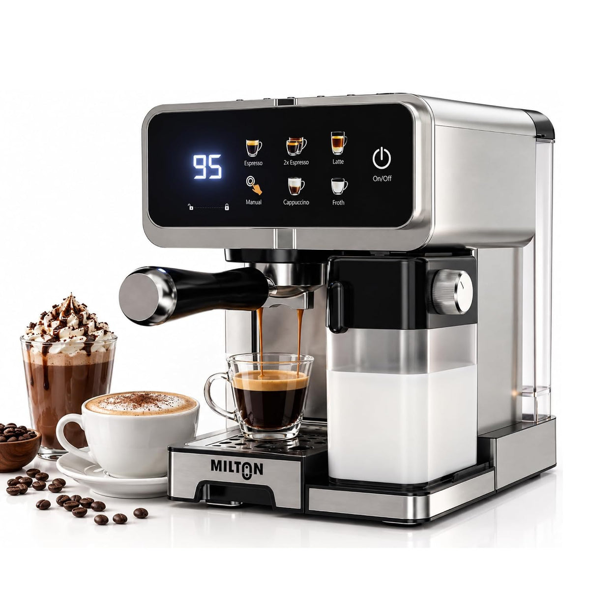 MILTON Crema Elite Espresso Coffee Maker | 20 Bar, Dual Boiler, 900ml Milk Tank & Touch Control
