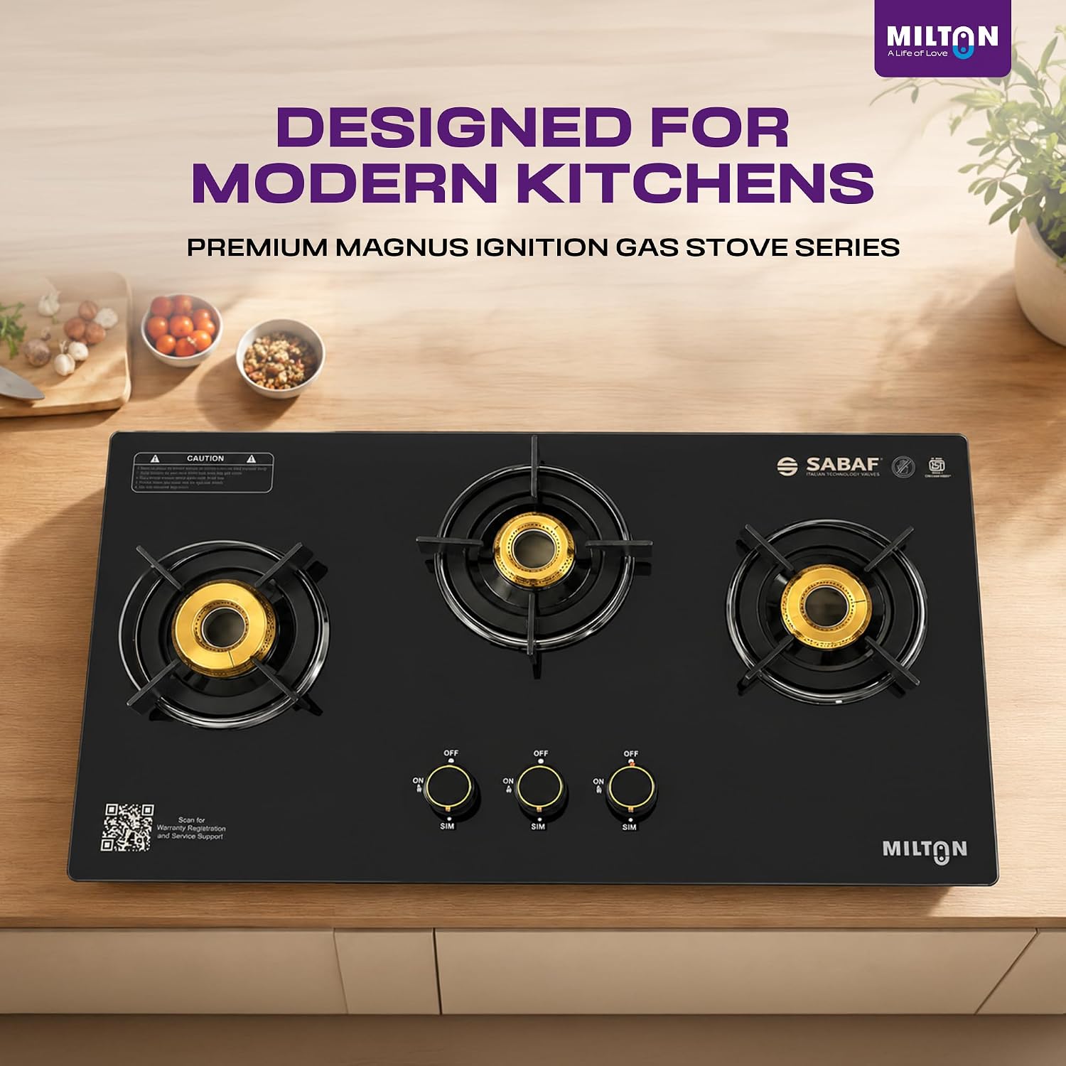 Milton Magnus 3 Burner Maunal Gas Stove Hobtop Italian SABAF Valves | 8mm Toughened Glass Top | 360° Nozzle | ISI Certified | 5 Years Glass Warranty