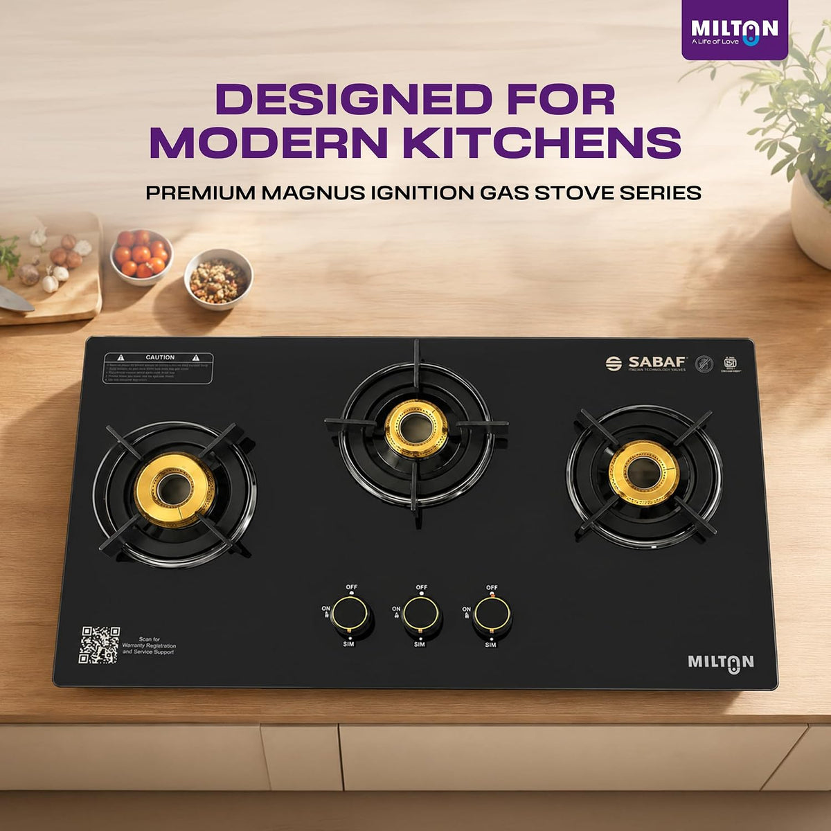 Milton Magnus 3 Burner Maunal Gas Stove Hobtop Italian SABAF Valves | 8mm Toughened Glass Top | 360° Nozzle | ISI Certified | 5 Years Glass Warranty