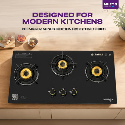 Milton Magnus 3 Burner Maunal Gas Stove Hobtop Italian SABAF Valves | 8mm Toughened Glass Top | 360° Nozzle | ISI Certified | 5 Years Glass Warranty