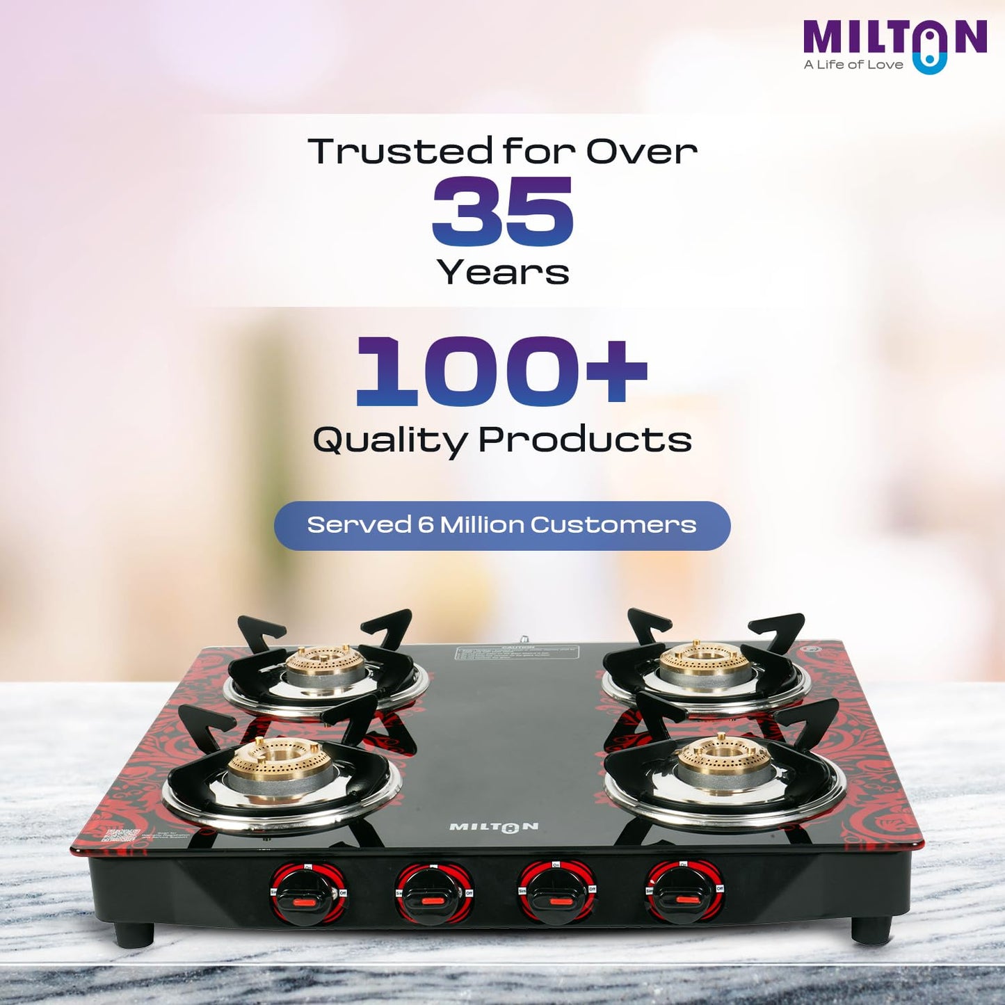 Milton 4 Burner Manual Ignition Gas Stove with 6mm Toughened Glass Top, Premium Brass Burners, Heavy Pan Supports & LPG to PNG Compatibility RED, BLUE, BLACK 2Yr Warranty
