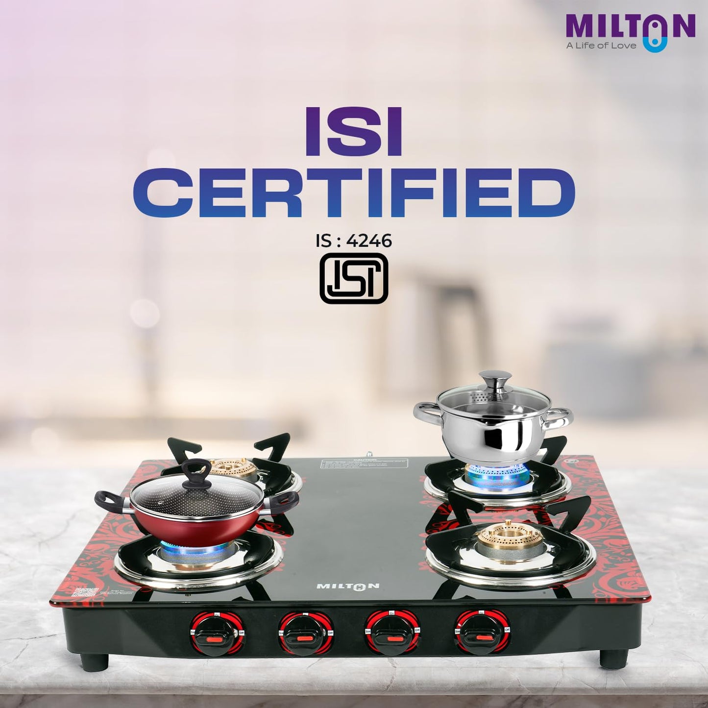 Milton 4 Burner Manual Ignition Gas Stove with 6mm Toughened Glass Top, Premium Brass Burners, Heavy Pan Supports & LPG to PNG Compatibility RED, BLUE, BLACK 2Yr Warranty