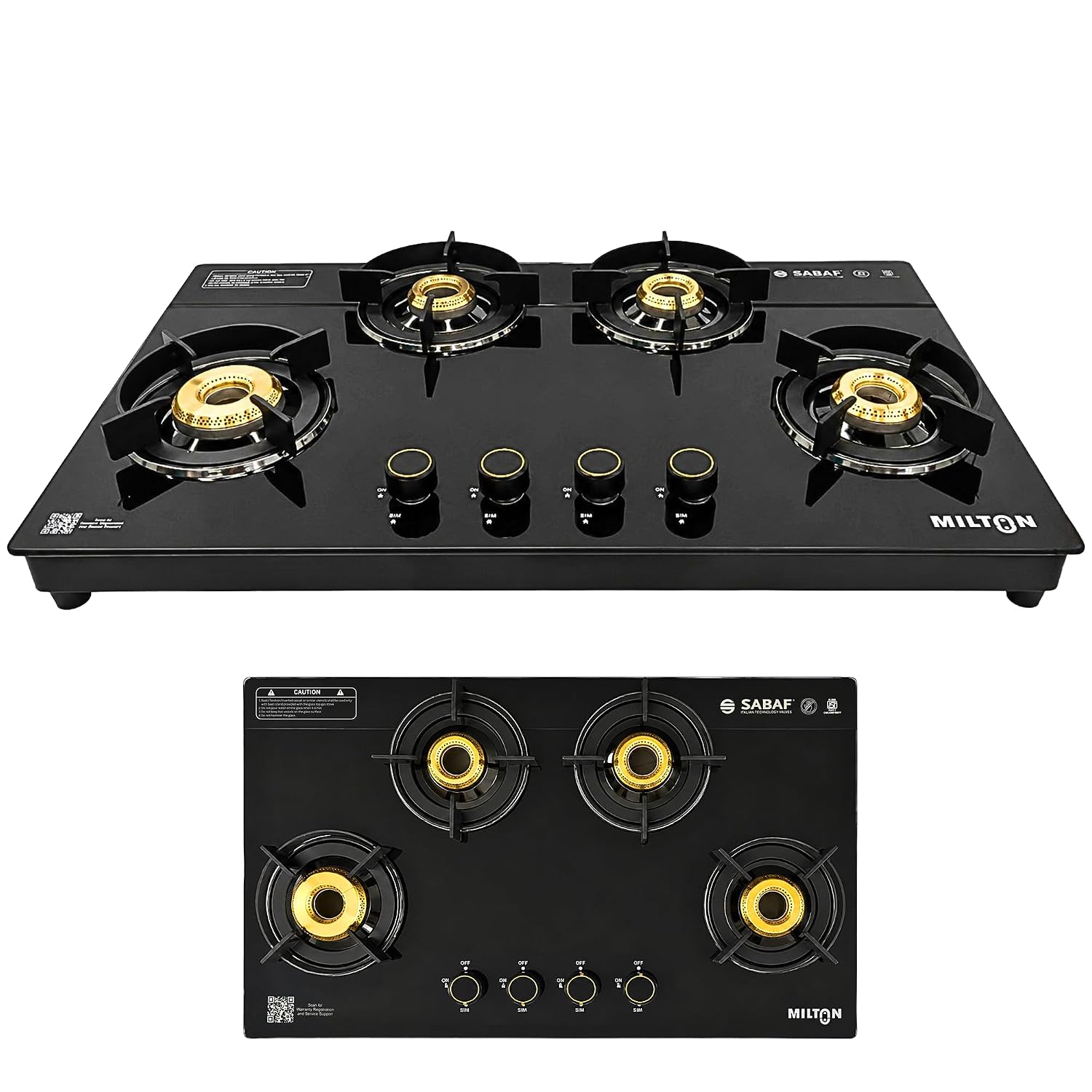 Milton Magnus 4 Burner Gas Stove Hobtop | Manual Ignition Italian SABAF Valves | 8mm Toughened Glass Top | 360° Nozzle | ISI Certified | 5 Years Glass Warranty