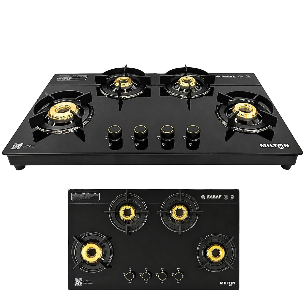 Milton Magnus 4 Burner Gas Stove Hobtop | Manual Ignition Italian SABAF Valves | 8mm Toughened Glass Top | 360° Nozzle | ISI Certified | 5 Years Glass Warranty