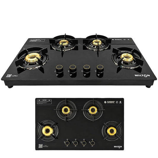 Milton Magnus 4 Burner Gas Stove Hobtop | Manual Ignition Italian SABAF Valves | 8mm Toughened Glass Top | 360° Nozzle | ISI Certified | 5 Years Glass Warranty