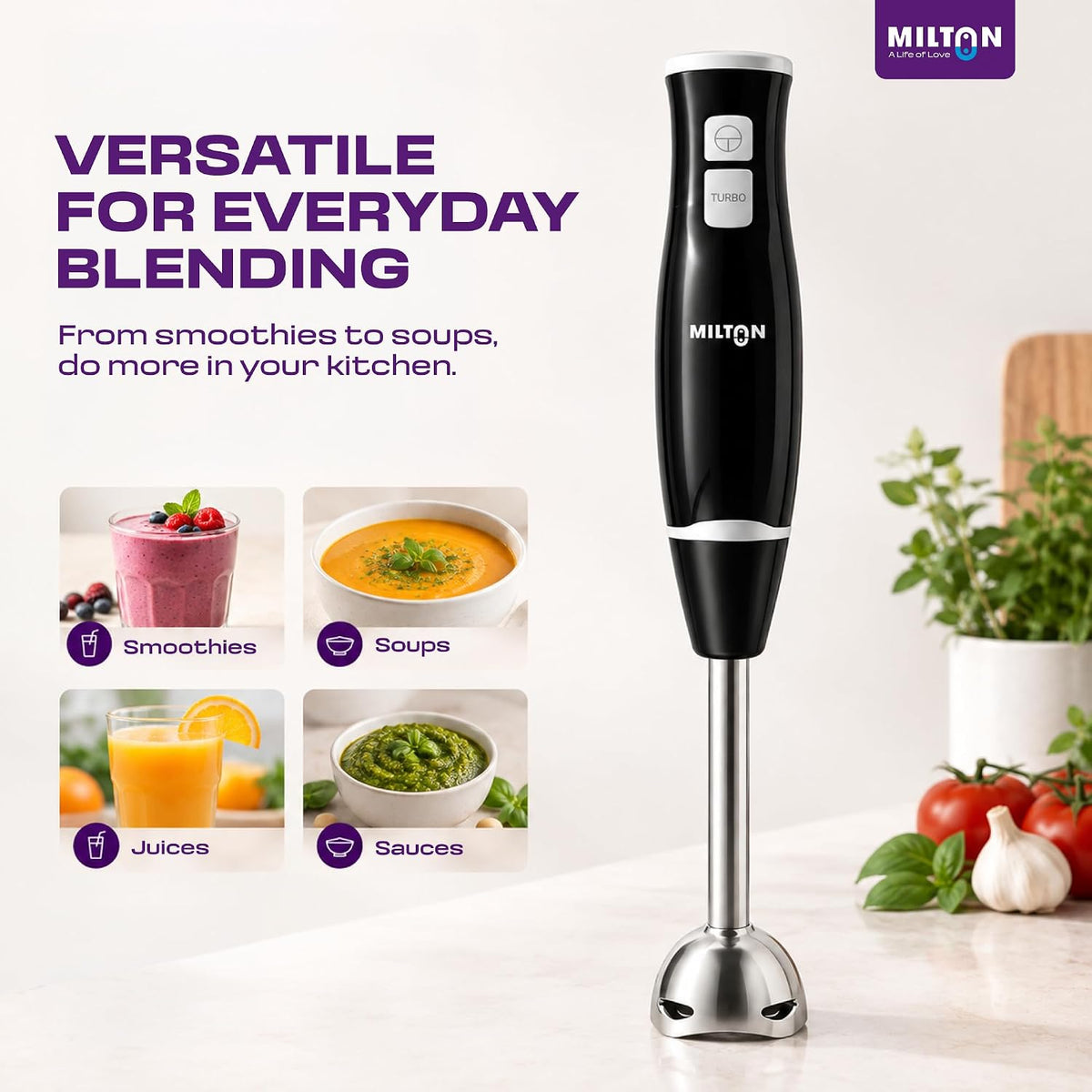 Milton Turbo 350W Hand Blender | 2-Speed Electric Mixer with Stainless Steel Blades | Portable, Lightweight & Easy-Clean for Smoothies, Juices
