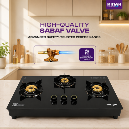 Milton Magnus 3 Burner Auto Gas Stove Hobtop Italian SABAF Valves | 8mm Toughened Glass Top | 360° Nozzle | ISI Certified | 5 Years Glass Warranty