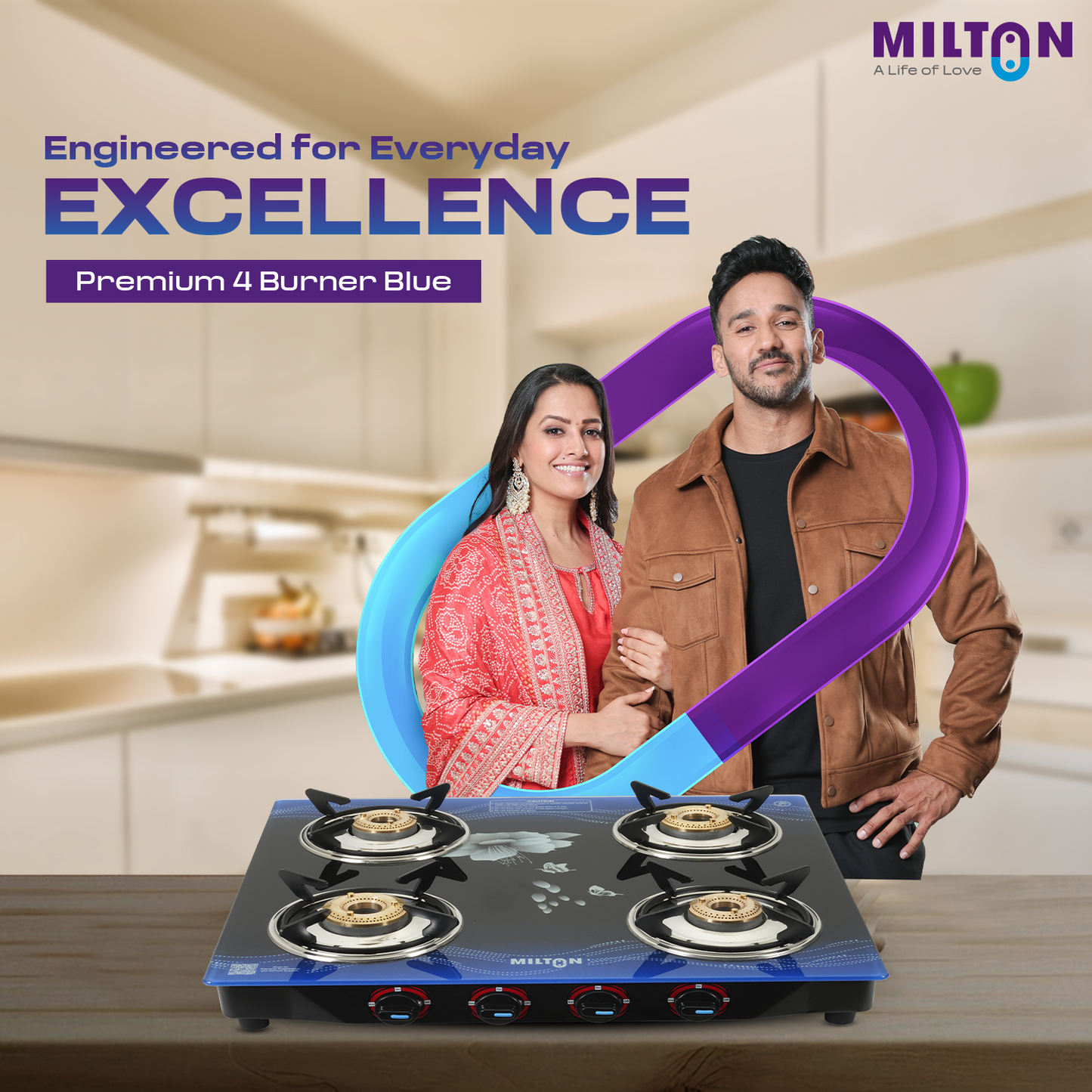 Milton 4 Burner Manual Ignition Gas Stove with 6mm Toughened Glass Top, Premium Brass Burners, Heavy Pan Supports & LPG to PNG Compatibility RED, BLUE, BLACK 2Yr Warranty